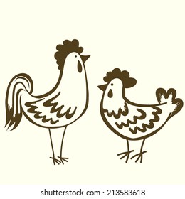 Hand drawn sketchy cartoon rooster and hen.