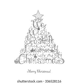 Hand drawn sketchy christmas card We wish you a Merry Christmas Doodle illustration quote Christmas tree shape, unique typography poster Vector design element for congratulation banners and flyer