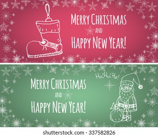 Hand drawn sketchy christmas elements cards Doodle vector illustration cards Santa Claus, Ho-Ho-Ho, stockings, snowflakes decoration Merry Christmas, Happy New Year