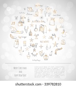 Hand drawn sketchy christmas elements Doodle vector illustration  Santa Claus, Snowmen, snowflakes, Christmas tree ice skating, deer, angel, Holly Jolly, decoration, Merry Christmas and Happy New Year