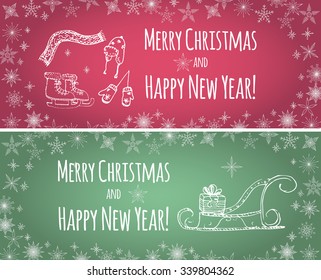 Hand drawn sketchy christmas elements Doodle vector illustration cards Santa Claus sledge, gifts, figure skating, winter cap, mittens, scarf, snowflakes decoration Merry Christmas, Happy New Year