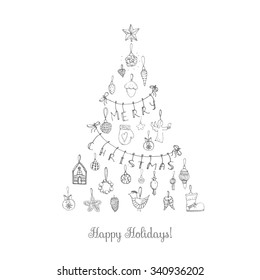 Hand drawn sketchy Christmas elements Doodle vector illustration Christmas tree ball, snowflakes, star, wreath, stockings, bird, acorn, decoration, Merry Christmas and Happy New Year