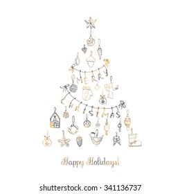 Hand drawn sketchy Christmas elements Doodle vector illustration Christmas tree ball, snowflakes, star, wreath, stockings, bird, acorn, decoration, Merry Christmas and Happy New Year