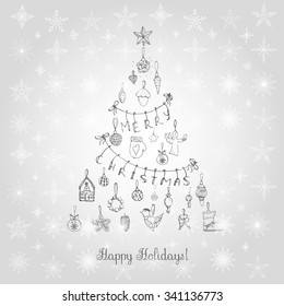 Hand drawn sketchy Christmas elements Doodle vector illustration Christmas tree ball, snowflakes, star, wreath, stockings, bird, acorn, decoration, Merry Christmas and Happy New Year