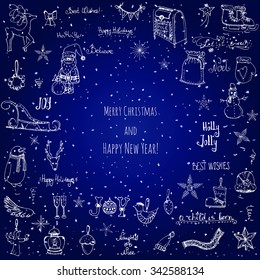 Hand drawn sketchy christmas elements Doodle vector illustration  Santa Claus, Snowmen, snowflakes, Christmas tree ice skating, deer, angel, penguin, Holly Jolly, decoration, Merry Christmas