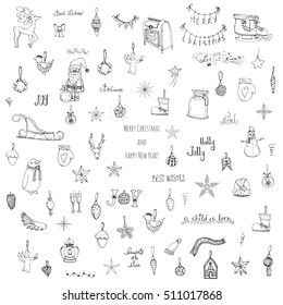Hand drawn sketchy christmas elements Doodle vector illustration  Santa Claus, Snowmen, snowflakes, Christmas tree, ice skating, deer, angel, Holly Jolly, decoration, Merry Christmas, Happy New Year