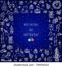 Hand drawn sketchy christmas elements Doodle vector illustration  Santa Claus, Snowmen, snowflakes, Christmas tree ice skating, deer, angel, Holly Jolly, decoration, Merry Christmas