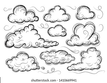 Hand Drawn Sketchy Cloud Collection Isolated On White. Sketched Black Pencil Clouds Outline Vector Illustration