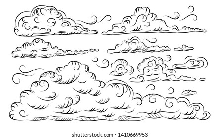 Hand drawn sketchy cloud collection isolated on white. Sketched black pencil clouds outline vector illustration