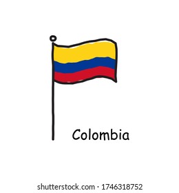 bandera colombiana dibujada a mano en el asta de la bandera. marca de tres colores. Ilustración vectorial de material aislado en fondo blanco.