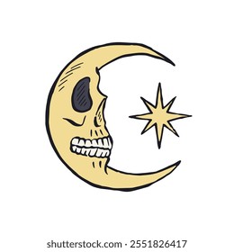 Hand drawn sketchy crescent moon with skull face isolated on white background. Doodle skeleton head tattoo design