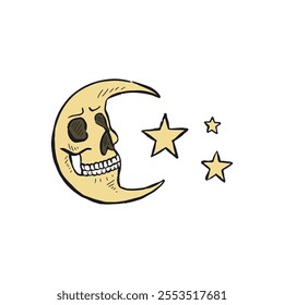 Hand drawn sketchy crescent moon with skull face isolated on white background. Doodle skeleton head tattoo design