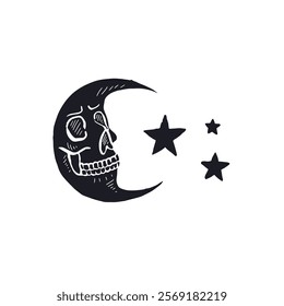 Hand drawn sketchy crescent moon with skull face and star black silhouette isolated on white background. Doodle skeleton head tattoo design