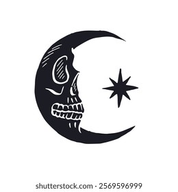 Hand drawn sketchy crescent moon with skull face and star black silhouette isolated on white background. Doodle skeleton head tattoo design