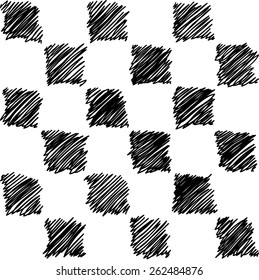 Hand drawn sketchy doodle chess board seamless background, black and white. Vector illustration.