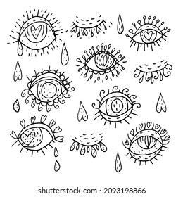 Hand drawn sketchy doodle eyes set.