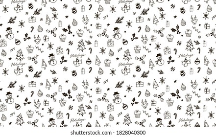 Dibujó a mano un dibujo de un doodle en invierno Navidad y Año Nuevo sin problemas. Creativa tarjeta navideña con elementos de decoración estacional. Ilustración del vector