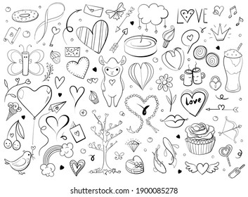 Hand drawn sketchy doodles for love and Valentine s Day objects and signs. Typography and callygraphy