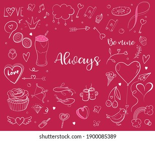 Hand drawn sketchy doodles for love and Valentine s Day objects and signs. Typography and callygraphy
