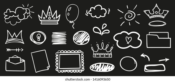 Hand drawn sketchy elements on isolated black background. Simple things. Set of different symbols. Black and white illustration. Doodles for your design
