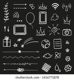 Hand drawn sketchy elements on isolated black background. Simple things. Line art. Set of different symbols. Black and white illustration. Doodles for your design