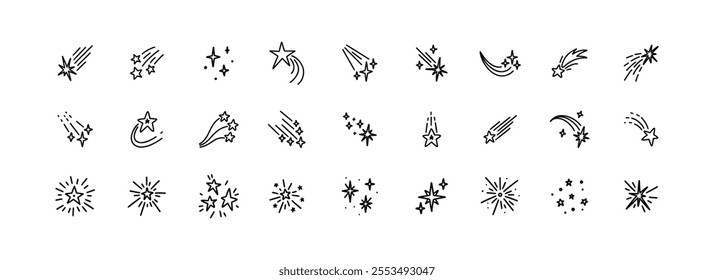 Hand drawn sketchy falling stars, comets, meteors. Doodle sparkle glitter. Starry nighttime. Manga movement expressions icon set. Space galaxy illustration. Crayon, ink, pen drawing.