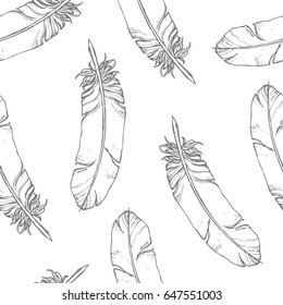 Hand drawn sketchy feathers on a white background, monochrome vector seamless pattern