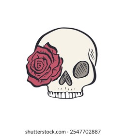 Hand drawn sketchy floral human skull isolated on white background. Doodle skeleton head with rose in eye flower tattoo design.