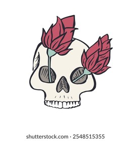 Hand drawn sketchy floral human skull isolated on white background. Doodle skeleton head with rose in eye flower tattoo design.