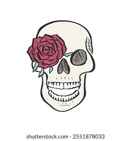 Hand drawn sketchy floral human skull isolated on white background. Doodle skeleton head with rose in eye flower tattoo design.