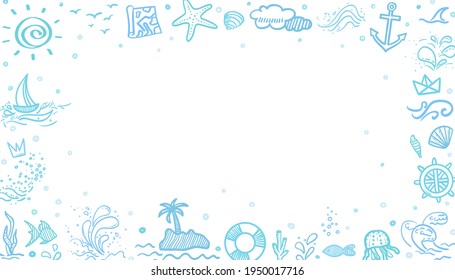 Hand drawn sketchy frame. Line holiday elements. Summer holidays. Freehand signs and symbols. Web banner