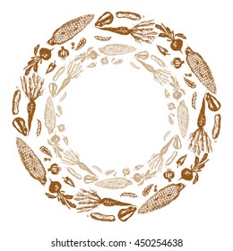 Hand drawn sketchy frame made with most popular veggies. Food and vegetarian themes, decoration of goods, public places, catering, recipe books and magazines. 