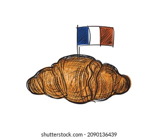 Hand Drawn Sketchy French Croissant with Flag Isolated. French Fast Food Sketch, Doodle Breakfast Croissant