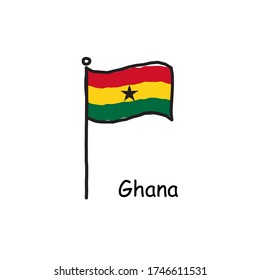 handgezeichnete Ghana Flagge auf der Fahne. Drei farbige Fahne. Stock Vector Illustration isoliert auf weißem Hintergrund.