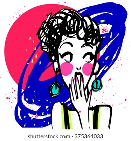 Hand drawn sketchy grunge illustration of a surprised woman closing her mouth