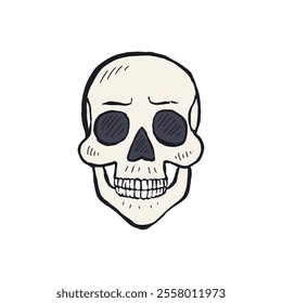 Hand drawn sketchy human skull isolated on white background. Doodle skeleton head tattoo design