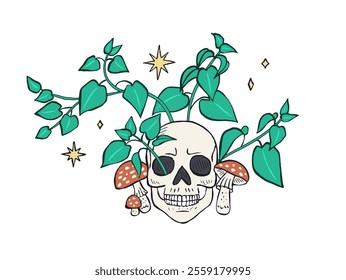 Hand drawn sketchy human skull surrounded by nettle leaves and muchrooms isolated on white background. Doodle skeleton head tattoo design