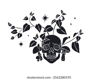 Hand drawn sketchy human skull surrounded by nettle leaves and muchrooms isolated on white background. Doodle skeleton head tattoo design