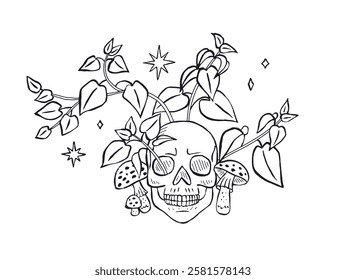 Hand drawn sketchy human skull surrounded by nettle leaves and muchrooms isolated on white background. Doodle skeleton head tattoo design