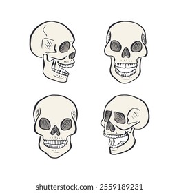 Hand drawn sketchy human skulls set isolated on white background. Doodle skeleton head tattoo design