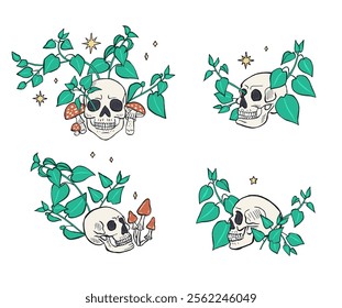 Hand drawn sketchy human skulls surrounded by nettle leaves and muchrooms set isolated on white background. Doodle skeleton head tattoo design