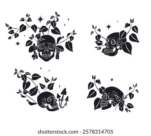 Hand drawn sketchy human skulls surrounded by nettle leaves and muchrooms silhouettes set isolated on white background. Doodle skeleton head tattoo design