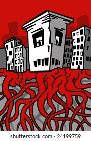 hand drawn sketchy illustration of buildings and houses in sad city or town with one building looking like a skull face with people in windows and with red bloody roots in the ground