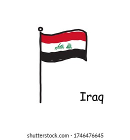 hand drawn sketchy Iraq flag on the flag pole. three color flag . Stock Vector illustration isolated on white background.