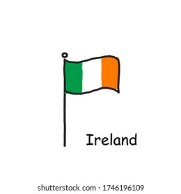 hand drawn sketchy Ireland flag on the flag pole. three color flag . Stock Vector illustration isolated on white background.