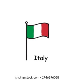 hand drawn sketchy Italy flag on the flag pole. three color flag . Stock Vector illustration isolated on white background.