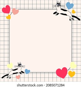 Hand drawn sketchy kid's greeting card on notebook sheet. Vector template. School invitations, advertising or other design and place for text. Cartoon styled frame with cats and hearts.