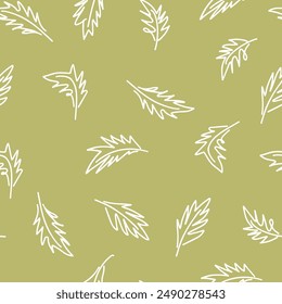 Hand drawn sketchy leaves seamless pattern on olive green background. Minimalist floral repetitive motif. Suitable for wallpaper, fabric, or other decorative applications.