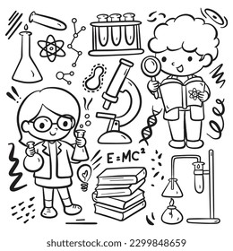 Hand drawn sketchy line art of scientist and laboratory stuff