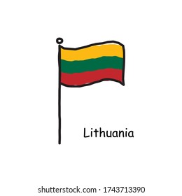 bandera de Lituania dibujada a mano en el asta de la bandera. marca de tres colores. Ilustración vectorial de material aislado en fondo blanco.